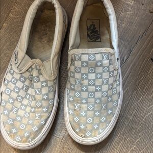 Louis Vuitton Beige and White Checkered Slip-Ons
